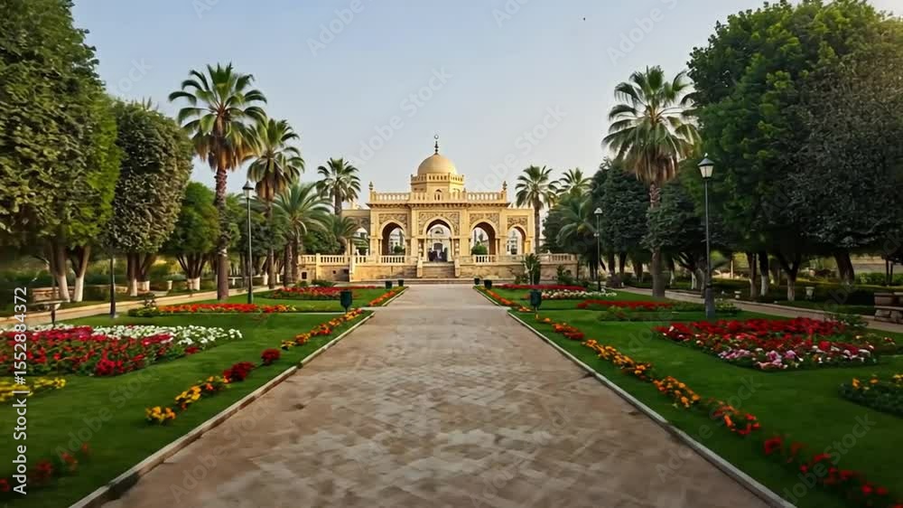 A beautiful garden path leading to an ornate palace set in lush greenery. A beautiful garden path leading to an ornate palace set in lush greenery.