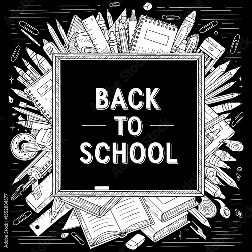 Back to School Supplies Frame, Education Chalkboard Concept Border, Back to School