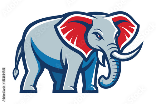 Cartoon elephant with red ears and blue legs shows a powerful presence