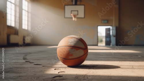 Worn basketball on court in sunlit abandoned gym
