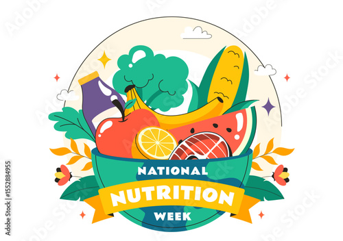 National Nutrition Week Day Illustration on September 7 Featuring Healthy Food and Lifestyle Choices such as Fruits and Vegetables in a Background