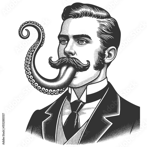 man with a tentacle instead of a tongue, creating a surreal and bizarre effect sketch engraving generative ai fictional character vector illustration. Scratch board imitation. Black and white image.