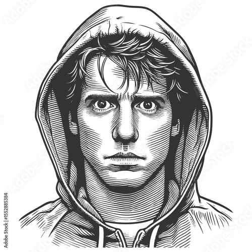 focused young man wearing a hooded sweatshirt, staring intensely with a solemn expression sketch engraving generative ai fictional character vector illustration. Scratch board. Black and white image.