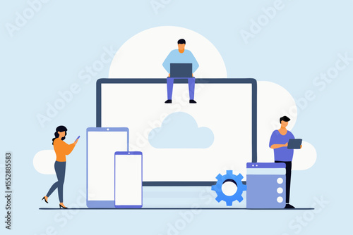Business developer team working on device monitor concept. Flat vector illustration cartoon design