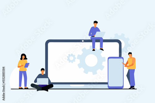 Business developer team working on device monitor concept. Flat vector illustration cartoon design