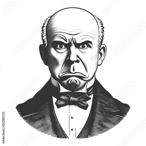 serious Victorian gentleman with a thick mustache, bow tie, and piercing, intimidating expression sketch engraving generative ai fictional character vector illustration. Scratch board. Black and white