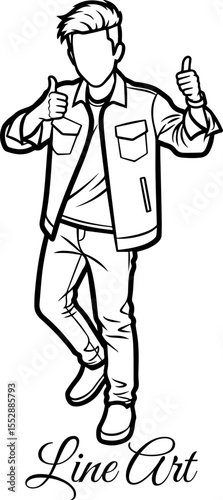 Man Two Thumbs Up Gesture, Approval Success Line Art