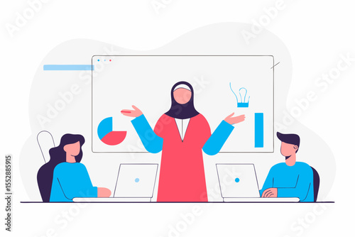 A woman in abaya and hijab actively contributing to a corporate discussion, expressing ideas with confidence and clarity.