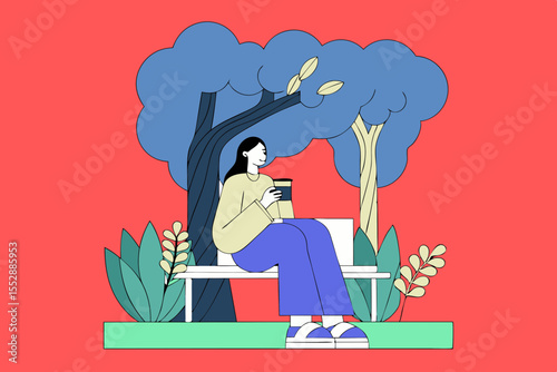 A woman enjoying coffee while using her phone outdoors, reflecting a relaxed lifestyle and digital connectivity.