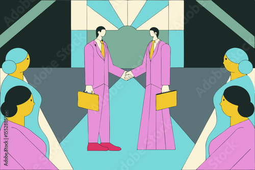 Business colleagues in traditional attire exchanging handshakes after finalizing an important partnership agreement.