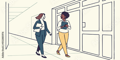 Two women walking confidently down an office hallway, appearing energized and engaged in conversation.