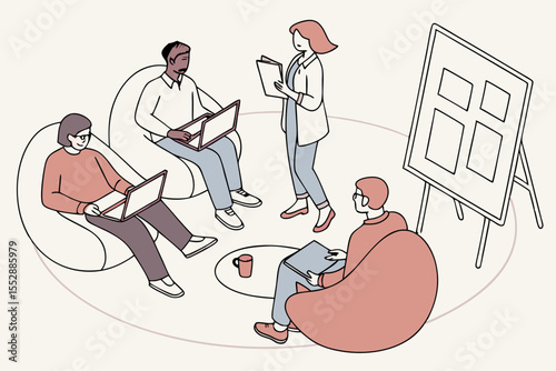 Business colleagues seated in a casual workspace, exchanging ideas, collaborating, and building team rapport.