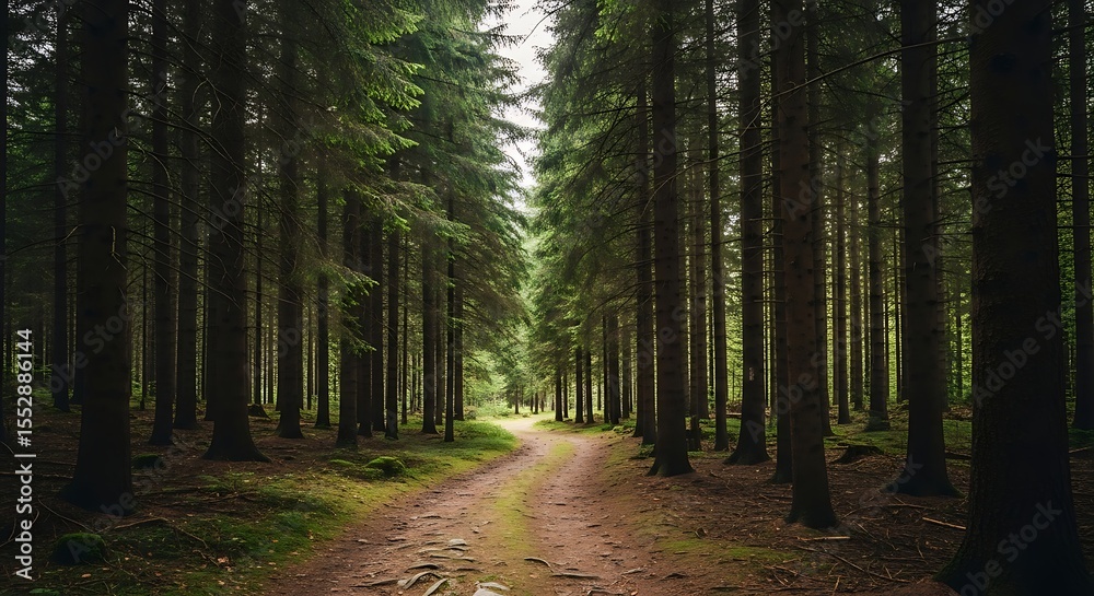 Obraz premium Path winding through a serene evergreen forest