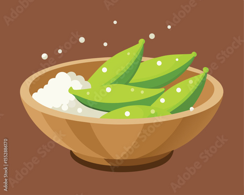 Steamed edamame pods sprinkled with sea salt in a pot vector art design 