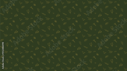 seamless of snacks line art pattern on dark green background. Vector set of snack, sweet, candy, pizza, ice cream, donut, slice of watermelon