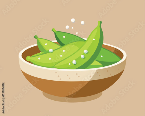Steamed edamame pods sprinkled with sea salt in a pot vector art design 