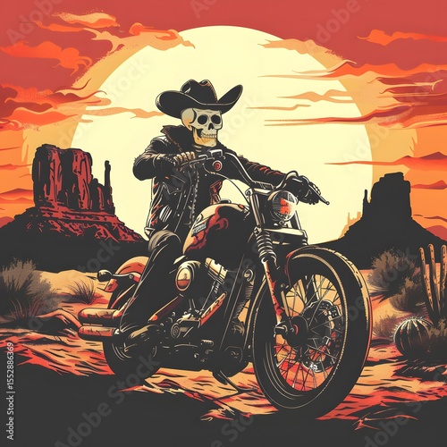 Skeletal cowboy riding motorcycle in a Western desert landscape du sunset with dramatic orange skies and rock formations in the background