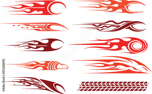 Collection of red and orange flame and tribal speed graphics with tire tracks for vehicle decoration