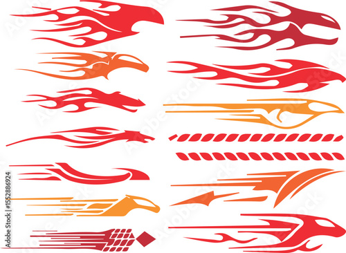 Collection of dynamic flame and tribal style racing stripes and decals for vehicles in red and orange