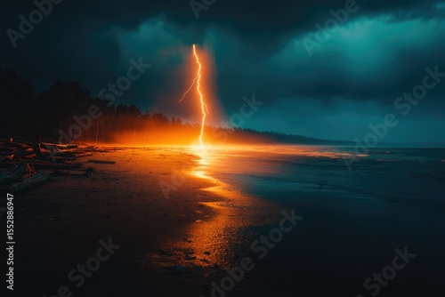 A dramatic lightning strike illuminates a dark beach at night, casting an orange glow on the sand and sea.