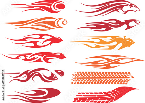 Collection of dynamic tribal flame and tire track graphic designs in red and orange colors for automotive customization and sports themes