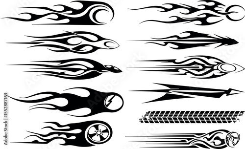 Collection of black tribal flame and speed line graphics for automotive decoration and customization
