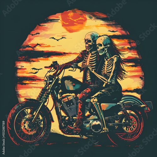 Gothic skeleton couple riding motorcycle du sunset with vibrant orange sky and flying birds in a dark artistic scene