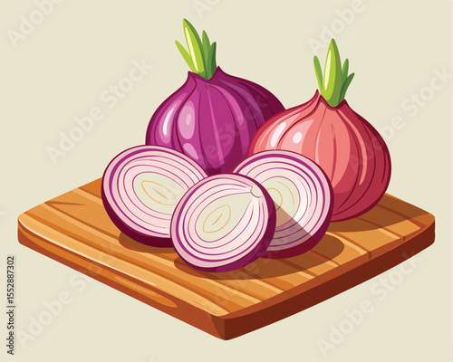 Whole and sliced onions on a wooden cutting surface vector art design 