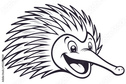 Monochromatic echidna's head with quills faces right, showing its iconic snout in a detailed closeup