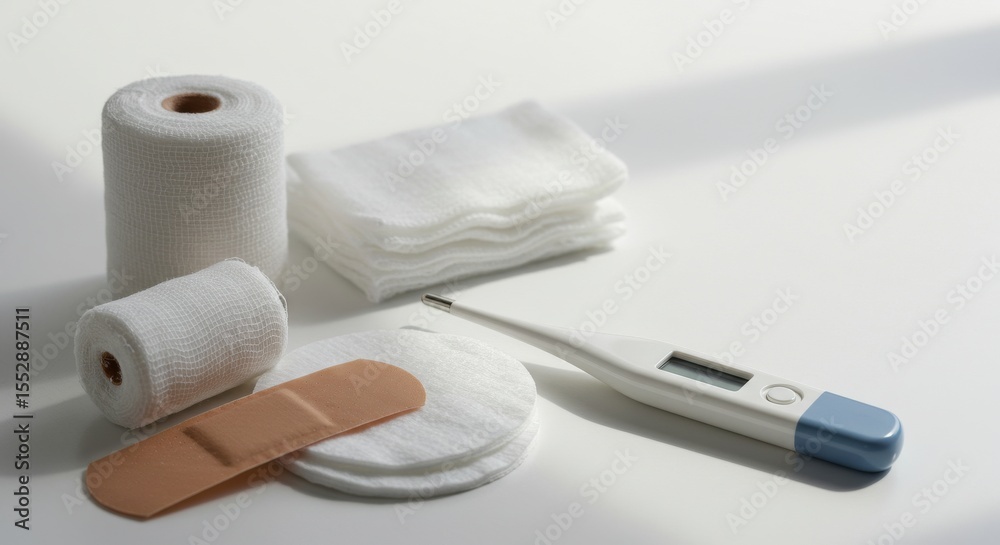 Obraz premium Medical supplies including thermometer, bandage, and gauze pads 