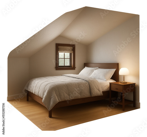 Guest bedroom in an attic with a low ceiling and small window, designed for a compact townhouse.
