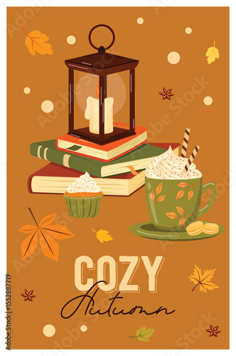 Vector autumn card, banner on orange background. Illustration concept of autumn mood, drinks and food.