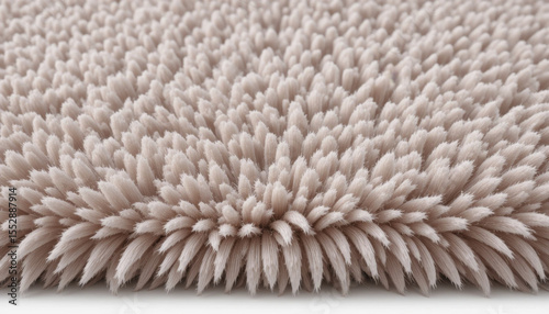 close up view of soft, plush, beige shag rug with textured surface, showcasing its thick, fluffy fibers. rug inviting appearance suggests comfort and warmth, ideal for cozy interiors