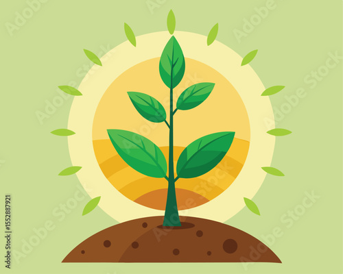 Young green plant sprouting from rich soil vector art design 