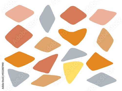 Freeform Abstract Diamond and Blob Shape. A playful collection of sixteen freeform abstract shapes including diamonds blobs in warm earthy tones. Perfect for patterns branding packaging posters
