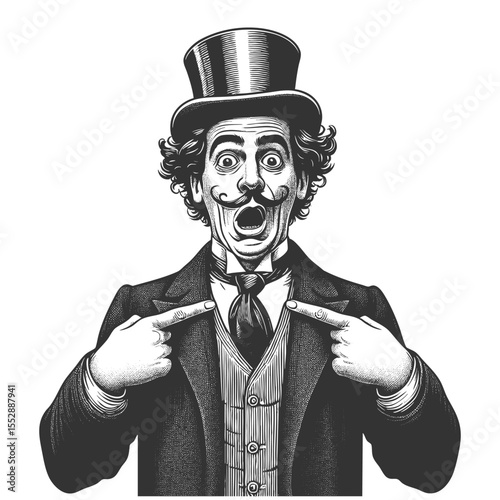 shocked man in a top hat dramatically pointing at his bow tie with wide open mouth sketch engraving generative ai fictional character vector illustration. Scratch board imitation. Black and white.