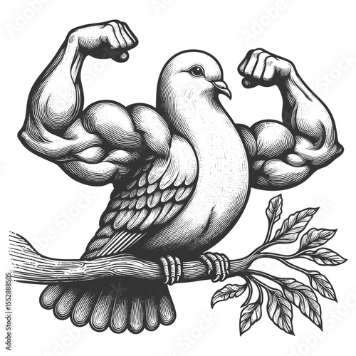 dove with exaggerated muscular human arms, flexing powerfully while perched on a tree branch sketch engraving generative ai vector illustration. Scratch board imitation. Black and white image.