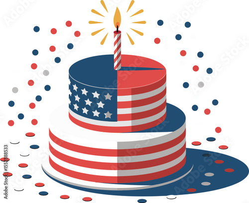 Layered cake illustration. Red white blue patriotic frosting cake with candle and confetti styled for American birthday or July 4th party  