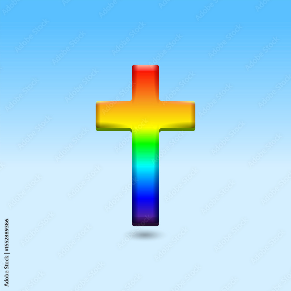 Obraz premium Front view of rainbow gradient cross on blue background — vector icon