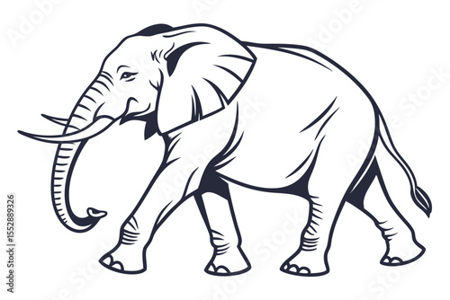 Strong elephant illustration is walking with its trunk raised in a simple black and white design