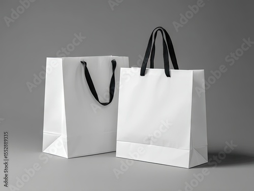 Two pristine white paper shopping bags with sleek black handles stand on a neutral gray background.  One bag is slightly behind and to the left of the other