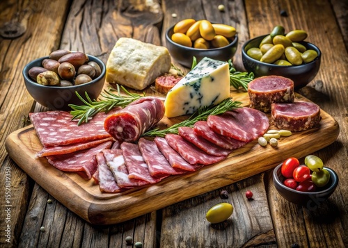 Artisanal cured meats and gourmet jerky arranged on a rustic wooden board with an assortment of olives and artisanal cheeses in a elegant setting