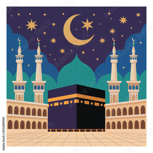 Vector illustration of the Kaaba in Mecca at night. Holy Islamic scene for Hajj, Ramadan, and Eid.