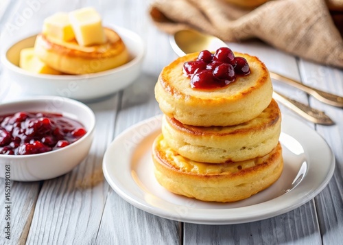 Fluffy crumpets with golden butter and vibrant jam on a clean white plate