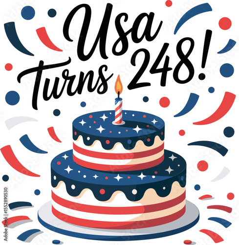 Holiday birthday cake design. USA turns 248 message with tall flag-themed cake and confetti swirl on white background  