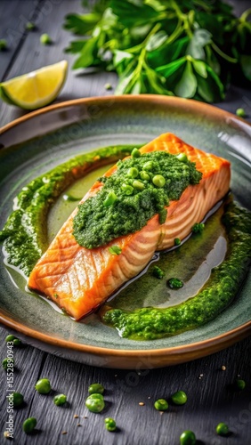 Pan-seared salmon fillet on a plate with a vibrant green chermoula sauce pool around it