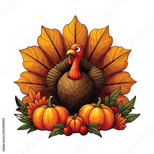Colorful Thanksgiving Turkey Illustration with Pumpkins and Fall Leaves – Festive Holiday Artwork