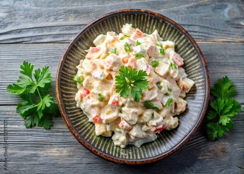 Creamy Russian salad on a speckled plate with fresh parsley garnish
