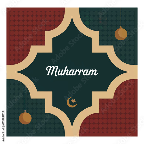 Muharram greeting card with Islamic geometric patterns and a crescent moon symbol. Vector background.