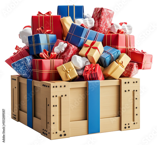 Wooden crate overflowing with colorful, wrapped gifts, creating festive and joyful atmosphere., isolated